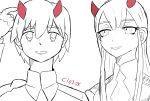  1boy 1girl blue_horns cloroxformius couple darling_in_the_franxx eyebrows_visible_through_hair fringe greyscale hand_on_own_head hand_up hetero hiro_(darling_in_the_franxx) horns long_hair looking_at_another military military_uniform monochrome necktie oni_horns red_horns short_hair signature straight_hair uniform zero_two_(darling_in_the_franxx) 