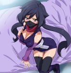  ayame_(gundam_build_divers) bangs bed black_hair black_legwear black_panties blush boots breasts cleavage covered_mouth covered_nipples elbow_gloves face_mask gloves gundam gundam_build_divers japanese_clothes knee_boots large_breasts looking_at_viewer low_ponytail mask ninja ninja_mask ontaros open_mouth panties purple_eyes red_scarf scarf sitting sleeveless solo split_ponytail thighhighs_under_boots underwear 