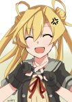  ^_^ ^o^ abukuma_(kantai_collection) anger_vein bangs black_gloves black_jacket blonde_hair buttons closed_eyes double_bun facing_viewer gloves hair_between_eyes hair_rings hinase_(jet_hearts) jacket kantai_collection long_hair neck_ribbon open_mouth partly_fingerless_gloves red_ribbon remodel_(kantai_collection) ribbon school_uniform serafuku short_sleeves smile solo twintails upper_body 