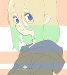  absurdres blonde_hair blue_eyes blush closed_mouth copyright_request donguri_suzume from_side green_hair grey_hoodie hair_between_eyes highres hood hood_down hoodie looking_at_viewer looking_to_the_side multicolored_hair page_tear smile solo two-tone_hair upper_body 