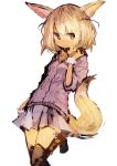  absurdres animal_ears blonde_hair bow bowtie commentary_request fennec_(kemono_friends) fox_ears fox_tail fur_trim highres kaamin_(mariarose753) kemono_friends pleated_skirt puffy_short_sleeves puffy_sleeves short_hair short_sleeves skirt solo standing standing_on_one_leg tail thighhighs 