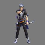  3d absurdres bandana belt black_gloves black_jacket black_pants boots brown_eyes dagger dissidia_final_fantasy dissidia_final_fantasy_nt dual_wielding final_fantasy final_fantasy_vi full_body gloves highres holding jacket lock_cole looking_at_viewer male_focus official_art pants sash short_hair silver_hair single_glove smile solo square_enix standing weapon white_footwear wristband 