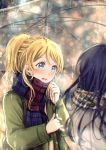  ayase_eli bag blonde_hair blue_hair blurry blush bokeh depth_of_field earrings green_coat grey_coat highres holding holding_umbrella jewelry long_hair long_sleeves looking_at_another love_live! love_live!_school_idol_project multiple_girls open_mouth outdoors plaid plaid_scarf ponytail rain scarf shoulder_bag sidelocks signature smile sonoda_umi suito transparent transparent_umbrella umbrella upper_body 