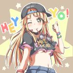  backwards_hat bang_dream! bangs baseball_cap black_hat black_shirt bling blonde_hair bracelet breasts character_print clothes_writing crop_top denim earrings english fancy_glasses hat headset headwear_writing jeans jewelry long_hair looking_at_viewer michelle_(bang_dream!) midriff mouth_hold navel necklace one_eye_closed outline pants paw_print pink-framed_eyewear print_shirt riai_(onsen) ring shirt short_sleeves smile solo star sunglasses thumb_ring thumbs_up tsurumaki_kokoro underboob white_outline yellow_eyes 