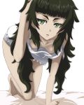  all_fours bangs bare_arms bare_legs barefoot bed_sheet bent_over blunt_bangs breasts collarbone commentary_request downblouse feet green_eyes green_hair grey_panties half-closed_eyes hand_in_hair hanging_breasts hetare_(hetare013) highres hiyajou_maho long_hair looking_at_viewer messy_hair nipples no_bra on_bed panties parted_lips simple_background small_breasts steins;gate steins;gate_0 thick_eyebrows underwear very_long_hair white_background 