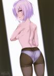  ass bare_back black_legwear breasts commentary_request cowboy_shot crotch_seam fate/grand_order fate_(series) from_behind hair_over_one_eye highres looking_back mash_kyrielight medium_breasts open_mouth panties panties_under_pantyhose pantyhose profile purple_eyes purple_hair short_hair sketch solo topless twitter_username underwear white_panties you06 