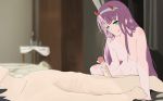  1boy 1girl bed_sheet black_hair breasts couple covered_nipples darling_in_the_franxx erection fringe hair_ornament hairband hand_on_penis hetero hiro_(darling_in_the_franxx) horns large_breasts lipstick long_hair looking_at_another navel nipples nude on_back oni_horns pink_hair red_horns short_hair sitting white_hairband yoyo86520910137 zero_two_(darling_in_the_franxx) 