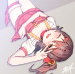  ;d asymmetrical_legwear bangs blush brown_eyes brown_hair choker collarbone commentary_request eyebrows_visible_through_hair hair_between_eyes hair_ornament hairclip idolmaster idolmaster_million_live! kasuga_mirai kuri_choko looking_at_viewer lying on_back one_eye_closed one_side_up open_mouth pink_choker pink_skirt pleated_skirt puffy_short_sleeves puffy_sleeves shirt short_sleeves signature single_thighhigh skirt smile solo thighhighs v_over_eye white_legwear white_shirt 