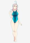  alternate_costume antenna_hair aqua_swimsuit barefoot competition_swimsuit full_body green_eyes grey_background grey_hair hair_tie highres kantai_collection kinugasa_(kantai_collection) medium_hair one-piece_swimsuit short_twintails simple_background solo standing swimsuit twintails yuuji_(and) 