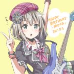  :o aoba_moka arm_up bang_dream! bangs beret blue_eyes bracelet character_name dated electric_guitar grey_hair group_name guitar happy_birthday hat instrument jewelry neck_ribbon plaid_hat pleated_skirt purple_hat purple_neckwear riai_(onsen) ribbon short_hair short_sleeves simple_background skirt solo striped striped_neckwear studded_bracelet v yellow_background 