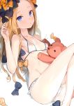  abigail_williams_(fate/grand_order) areolae ass bangs bare_legs bikini blonde_hair blue_eyes blush bow breasts cameltoe commentary_request covered_nipples dutch_angle fate/grand_order fate_(series) hair_bow halterneck hand_up highres long_hair looking_at_viewer lying on_back parted_bangs parted_lips polka_dot see-through sekisei sidelocks small_breasts solo string_bikini stuffed_animal stuffed_toy swimsuit teddy_bear white_bikini 