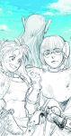  2girls 90s aqua aqua_sky bangs breasts chrono_cross chrono_trigger commentary_request day fantasy glasses hatching_(texture) kid_(chrono_cross) long_hair long_image lucca_ashtear magus maro_(omt_marorotei) monochrome multiple_girls open_mouth sketch sky smile tall_image time_paradox vest 