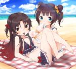  :o absurdres ahoge bad_feet bad_id bad_pixiv_id bangs bare_arms bare_legs bare_shoulders barefoot beach bikini bikini_skirt black_bikini blue_eyes blue_sky blurry blurry_background blush bow brown_hair cloud day depth_of_field double_bun eyebrows_visible_through_hair fang food food_in_mouth gradient_hair hair_between_eyes hair_bow highres hinatsuru_ai holding holding_food horizon ice_cream multicolored_hair multiple_girls navel noria ocean open_mouth orange_bow outdoors parted_bangs plaid red_bow red_eyes red_hair ryuuou_no_oshigoto! sand sexually_suggestive side_bun sitting sky soft_serve swimsuit tongue tongue_out water wet white_bikini yashajin_ai 