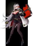  axe black_legwear breasts cleavage cloak dress full_body gauntlets hair_ornament highres holding holding_weapon kasagarasu large_breasts legs_apart long_hair looking_at_viewer original pantyhose red_eyes silver_hair smile solo standing weapon 