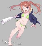  aki_poi angry bangs bikini blue_eyes commentary eyebrows_visible_through_hair fan green_bikini harisen jacket open_mouth orange_hair original side-tie_bikini simple_background solo swimsuit twintails 