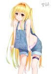  blonde_hair breasts hair_intakes highres konjiki_no_yami leaning_forward long_hair nearly_naked_overalls no_bra overalls overalls_pull panties pink_panties pulled_by_self red_eyes shorts simple_background small_breasts solo thigh_strap to_love-ru traveler_(artbbt) two_side_up underwear very_long_hair white_background 