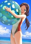  ;d ball bangs bare_arms bare_shoulders beach beachball blue_eyes blue_sky blush brown_hair cloud commentary_request competition_swimsuit day fate/grand_order fate_(series) flat_chest highres holding holding_ball leonardo_da_vinci_(fate/grand_order) long_hair looking_at_viewer mu-pyon ocean one-piece_swimsuit one_eye_closed open_mouth outdoors parted_bangs ponytail sand sidelocks sky smile solo standing swimsuit water younger 