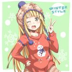  bang_dream! bangs blonde_hair blush brown_hat collarbone english green_background hand_on_hip hat knit_hat long_sleeves looking_at_viewer one_eye_closed open_mouth pom_pom_(clothes) print_sweater red_sweater riai_(onsen) snowflake_background snowman_print solo sweater tsurumaki_kokoro v yellow_eyes 