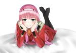  absurdres aqua_eyes bangs black_legwear commentary_request crossed_legs darling_in_the_franxx eyebrows_visible_through_hair hairband highres horns long_hair lying no_shoes on_stomach orange_neckwear pantyhose pink_hair red_horns smile solo uniform white_hairband yuyuenimo zero_two_(darling_in_the_franxx) 