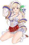  :d bangs bare_shoulders belt blonde_hair blue_eyes boots bow breasts camisole commentary_request copyright_request cucouroux_(granblue_fantasy) detached_sleeves granblue_fantasy green_bow hair_bow hand_on_headwear hand_up hat highres kneeling large_breasts long_sleeves looking_at_viewer open_mouth panties simple_background smile solo tetsu_(kimuchi) twintails underwear white_background white_hat white_panties wide_sleeves 