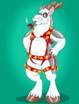  2018 anthro antlers barnaby_(overzen) blue_eyes cervine christmas digital_drawing_(artwork) digital_media_(artwork) eyewear featureless_crotch glasses green_background harness holidays horn hornbuckle looking_at_viewer male mammal reindeer rubber shiny simple_background smile smoke smoking_pipe solo standing 