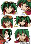  choker closed_eyes expressions goggles goggles_on_head green_hair grin looking_at_viewer male_focus multicolored_hair open_mouth red_eyes red_hair red_shirt rento_(rukeai) sakaki_yuuya shirt smile spiked_hair star sweatdrop yuu-gi-ou yuu-gi-ou_arc-v 