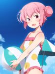  :d ball beachball casual_one-piece_swimsuit cloud comic_girls commentary_request day double_bun fang frilled_swimsuit frills hair_bun hair_ornament hairclip honda_naoki long_hair moeta_kaoruko one-piece_swimsuit open_mouth outdoors pink_eyes pink_hair polka_dot polka_dot_swimsuit sky smile solo swimsuit umbrella upper_body x_hair_ornament 