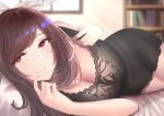  aogi_(pixiv9459043) bangs black_dress blurry blurry_background blush bookshelf bow breasts brown_hair cleavage commentary_request dress eyebrows_visible_through_hair hair_bow highres hips idolmaster idolmaster_shiny_colors large_breasts long_hair looking_at_viewer lying on_bed on_side ponytail purple_eyes smile solo swept_bangs thighs tsukioka_kogane white_bow 