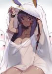  animal_ears areolae bangs bed_sheet blanket blunt_bangs blush breasts commentary_request dark_skin earrings eyebrows_visible_through_hair facepaint facial_mark fate/grand_order fate_(series) fuya_(tempupupu) hair_tubes hairband hands_up hips hoop_earrings jackal_ears jewelry long_hair looking_at_viewer medium_breasts medjed navel necklace nitocris_(fate/grand_order) nitocris_(swimsuit_assassin)_(fate) nude open_mouth parted_lips purple_eyes purple_hair see-through seiza sidelocks sitting solo thighs wristband 