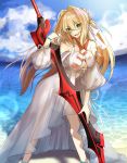  aestus_estus ahoge bangs beach bead_bracelet beads bikini blue_sky bracelet braid breasts commentary_request criss-cross_halter day dress eyebrows_visible_through_hair fate/extra fate/grand_order fate_(series) french_braid gown green_eyes hair_between_eyes hair_intakes halterneck highres hips jewelry large_breasts legs lens_flare liu_liu long_hair looking_at_viewer nero_claudius_(fate)_(all) nero_claudius_(swimsuit_caster)_(fate) ocean outdoors red_bikini see-through sky smile solo striped striped_bikini sunlight swimsuit 