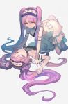  all_fours arm_garter ass bangs breasts commentary detached_collar dress english_commentary euryale fate/hollow_ataraxia fate_(series) frilled_dress frilled_hairband frills grey_background hair_spread_out hairband highres lack long_hair looking_at_viewer lying multiple_girls on_back pink_hair siblings simple_background sisters small_breasts smile stheno twins twintails very_long_hair white_dress yellow_eyes 
