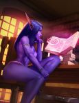  2018 book bracelet breasts clothed clothing elf evulchibi female humanoid jewelry long_ears magic night_elf nipples not_furry panties pointy_ears purple_skin reading solo topless underwear video_games warcraft 