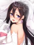  1boy bare_shoulders bed_sheet black_hair blush bride crossdressing earrings from_above from_behind kirito kirito_(sao-ggo) long_hair looking_at_viewer looking_back necklace purple_eyes smile sword_art_online tiara trap white_dress yaguo 