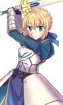  &gt;:( ahoge aqua_eyes armor armored_dress arms_up artoria_pendragon_(all) bangs black_gloves blonde_hair blue_dress blue_ribbon blush braid breastplate closed_mouth dress excalibur eyebrows eyebrows_visible_through_hair fate/stay_night fate_(series) french_braid gauntlets gloves hair_between_eyes hair_ribbon highres holding holding_sword holding_weapon long_sleeves puffy_long_sleeves puffy_sleeves ribbon saber short_hair simple_background single_braid solo sword turtleneck v-shaped_eyebrows wagashi928 weapon white_background 