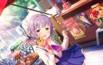  annin_doufu brown_eyes flowers food fruit idolmaster idolmaster_cinderella_girls koshimizu_sachiko purple_hair short_hair skirt strawberry 