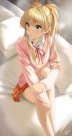  bad_id bad_pixiv_id bed bed_sheet blonde_hair blurry blurry_background commentary_request depth_of_field eyebrows_visible_through_hair eyelashes green_eyes highres idolmaster idolmaster_cinderella_girls indoors jougasaki_rika long_hair looking_to_the_side multicolored_scrunchie neck_ribbon on_bed open_mouth pillow ribbon scrunchie shirt signature sitting skirt sleeves_past_wrists solo sweater_vest two_side_up white_shirt wotori 