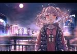  ahoge bad_id bad_pixiv_id bangs blush building bush choker cityscape cloud coat commentary eyebrows_visible_through_hair handrail hands_in_pockets headphones heart heart_choker lamppost light long_sleeves looking_at_viewer mole moon neon_lights night open_clothes open_coat open_mouth original outdoors pink_hair red_eyes red_shirt road rusk_(canvas4ban) shirt short_hair sky skyline skyscraper solo traffic_light twintails 