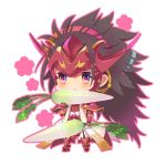  armor boots brown_hair chibi eating fire_emblem fire_emblem_if flower hatomame japanese_armor leaf long_hair male_focus ryouma_(fire_emblem_if) solo 