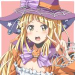  :o bang_dream! bangs blonde_hair blush bow bowtie breasts bug cleavage hat hat_bow headset jack-o'-lantern long_hair long_sleeves looking_at_viewer pink_background print_hat purple_bow purple_neckwear riai_(onsen) silk simple_background solo spider spider_web star star_print striped striped_bow striped_neckwear tsurumaki_kokoro upper_body v witch_hat yellow_eyes 
