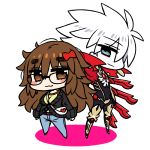  1girl :3 bag belt between_breasts black_bodysuit blue_eyes blue_pants blush bodysuit boots bow breasts brown_eyes brown_hair chan_co chibi closed_mouth commentary_request denim eyebrows_visible_through_hair eyeshadow fate/extra fate/extra_ccc fate_(series) hair_bow jeans jinako_carigiri karna_(fate) legs_apart long_hair looking_at_viewer makeup messy_hair pants red_bow shoulder_bag simple_background smile strap_cleavage white_background white_hair 