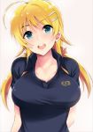  ahoge bangs blonde_hair blue_eyes blue_shirt blush breasts commentary_request eyebrows_visible_through_hair hachimiya_meguru hair_ornament hairclip idolmaster idolmaster_shiny_colors large_breasts long_hair looking_at_viewer low_twintails open_mouth polo_shirt shiroyukimajima shirt simple_background smile solo twintails white_background 