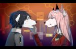  1boy 1girl animal_ears black_hair blue_eyes blush couple darling_in_the_franxx dog_ears eyebrows_visible_through_hair fringe from_side green_eyes hair_ornament hairband hand_on_another&#039;s_face hetero hiro_(darling_in_the_franxx) horns letterboxed lipstick long_hair long_sleeves looking_at_another military military_uniform necktie oni_horns orange_neckwear pink_hair red_horns short_hair solutarou uniform white_hairband zero_two_(darling_in_the_franxx) 