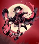  1girl black_dress black_eyes black_hair boots breasts cape cloak corset crescent_rose dress frilled_dress frills full_body hood hooded_cloak medium_breasts red_cape red_hair ruby_rose rwby scythe short_hair silver_eyes smile solo standing thighhighs 