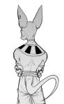  back_turned beerus crossed_arms dragon_ball dragon_ball_super earrings expressionless greyscale highres jewelry male_focus monochrome pants serious simple_background solo tail umelim upper_body white_background 