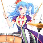  ;d bang_dream! bangs bead_bracelet bead_necklace beads blue_hair blush boots bracelet coattails commentary_request cross-laced_footwear crown cymbals detached_collar drum drum_set eyebrows_visible_through_hair frilled_skirt frills instrument jacket jewelry long_hair looking_at_viewer matsubara_kanon necklace one_eye_closed one_side_up open_mouth purple_eyes purple_jacket short_sleeves sitting skirt smile snare_drum solo star striped suit_jacket thigh_boots thighhighs vertical_stripes yuzu_izumi 