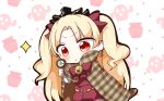  absurdres bangs blonde_hair blush bow cactus cape closed_mouth commentary_request earrings ereshkigal_(fate/grand_order) eyebrows_visible_through_hair fate/grand_order fate_(series) hair_bow highres holding infinity jako_(jakoo21) jewelry long_hair long_sleeves magnifying_glass parted_bangs plaid plaid_cape pot red_bow red_eyes short_jumpsuit solo sparkle tiara two_side_up very_long_hair white_background 