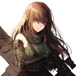  arm_strap armor armpits assault_rifle asymmetrical_legwear bandana bangs brown_eyes brown_hair case closed_mouth clothes_around_waist collarbone detached_sleeves elbow_pads eyebrows_visible_through_hair eyes_visible_through_hair floating_hair gauntlets girls_frontline gloves gun hair_between_eyes hand_in_hair headset holding holding_gun holding_weapon jacket_around_waist long_hair m4_carbine m4a1_(girls_frontline) magazine_(weapon) mod3_(girls_frontline) multicolored_hair pouch ribbed_legwear ribbed_sweater rifle scope sidelocks silence_girl simple_background skindentation solo strap streaked_hair sweater sweater_vest thigh_strap thighs torn_clothes weapon weapon_case white_background wind wind_lift 