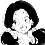  :d black_hair close-up commentary_request dragon_ball dragon_ball_z eyelashes face greyscale happy highres looking_away monochrome open_mouth shirt simple_background smile solo sweatdrop tkgsize twintails upper_body videl white_background 