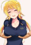  ahoge bangs blonde_hair blue_shirt blush breast_grab breasts closed_eyes commentary_request eyebrows_visible_through_hair grabbing hachimiya_meguru hair_ornament hairclip idolmaster idolmaster_shiny_colors large_breasts long_hair looking_at_viewer low_twintails open_mouth out_of_frame polo_shirt shiroyukimajima shirt simple_background smile solo_focus twintails white_background 
