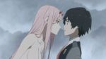  1boy 1girl black_hair blue_eyes breasts couple darling_in_the_franxx face-to-face facing_another forehead-to-forehead fringe green_eyes hetero hiro_(darling_in_the_franxx) horns long_hair military military_uniform necktie nude oni_horns pink_hair red_horns red_neckwear short_hair signature straight_hair uniform user_psx1446 zero_two_(darling_in_the_franxx) 